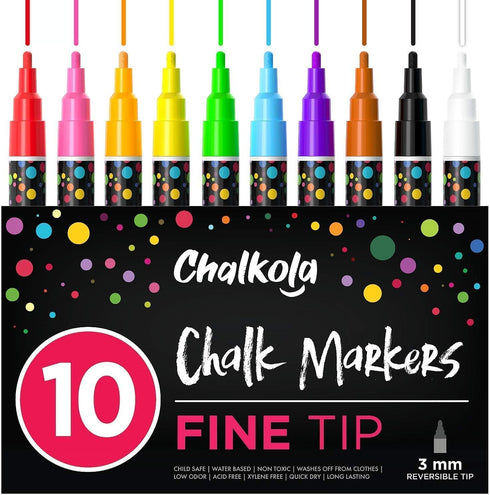 Chalkola 10 Fine Tip Liquid Chalk Markers for Chalkboard Signs, Blackboard, Window, Labels, Bistro, Glass, Car (10 Pack 3mm) - Wet Wipe Erasable I...