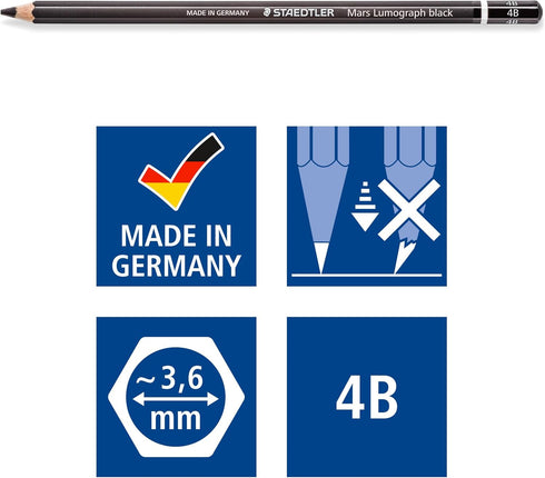 Staedtler Mars Lumograph Black Art Pencils, Presharpened #4B Artist Pencils, Box of 12, 100B-4B...