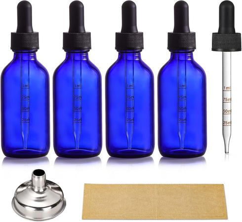 4 Pack 2 oz Glass Dropper Bottles with Measured Dropper - 60ml Dark Blue Tincture Bottles with Graduated Calibrated Glass Eye Droppers (1ml) for E...