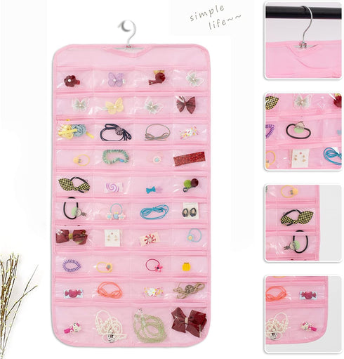 1-Pack Hanging Jewelry Organizer 80-Pocket Dual-sided Jewelry Storage for Jewelry Earring Necklace Bracelet Ring Storage Travel Holder, Pink...