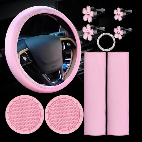 10 Pc Pink Leather Steering Wheel Cover Set - With Seat Belt Pads, Cup Holders, Bling Buttons...