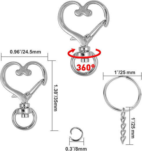 150Pcs Heart-Shaped Swivel Snap Hook Set,Metal Spring Snap Keychain Clip Keychain Hook Lobster Clasp Split Key Rings with Chain&Jump Rings Bulk fo...