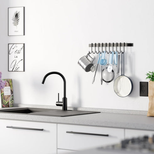 Wallniture Gourmet Kitchen Rail with 10 Hooks, Wall Mounted Wrought Iron Hanging Utensil Holder Rack with Black 17 Inch...