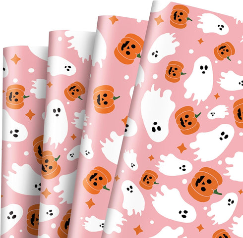 AnyDesign 6 Sheet Pink Halloween Wrapping Paper Cute Ghost Pumpkin Gift Wrap Paper Bulk Folded Flat Art Craft Paper for Halloween Birthday Party D...