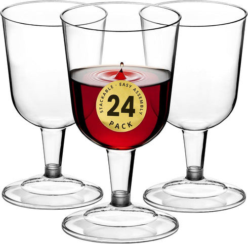 DecorRack 24 Wine Glasses, 6 Oz -BPA Free- Plastic Party Wine Cups, Perfect for Outdoor Parties, Weddings, Picnics, Stackable, Reusable, Disposabl...