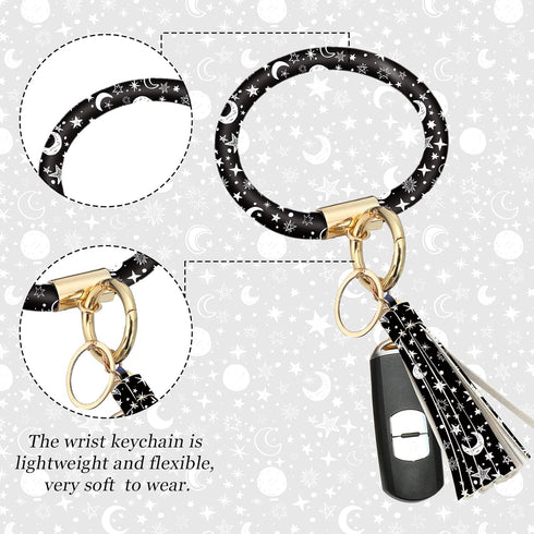 4 Pieces Black Moons White Stars Print Car Accessories Set Black Moons White Stars Steering Wheel Cover with 2 Pieces Car Cup Mats and Leather Key...