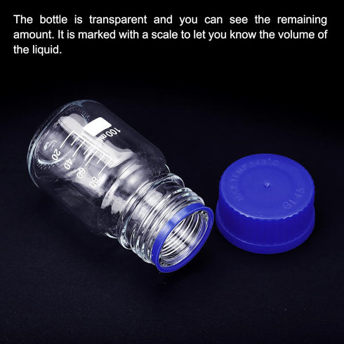 PATIKIL 100mL Reagent Media Bottle, 1Pcs Round Graduated Glass Storage Bottle Blue Screw Cap for Chemistry Lab Universities Home, Clear...