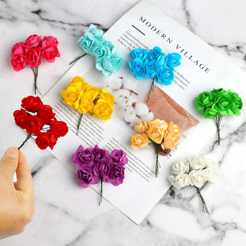 CCINEE 144pcs Mini Paper Flowers, 30mm Mulberry Paper 1.2" Artificial Rose Flower with Stem for DIY Crafts Projects Scrapbooking Wedding Decoratio...