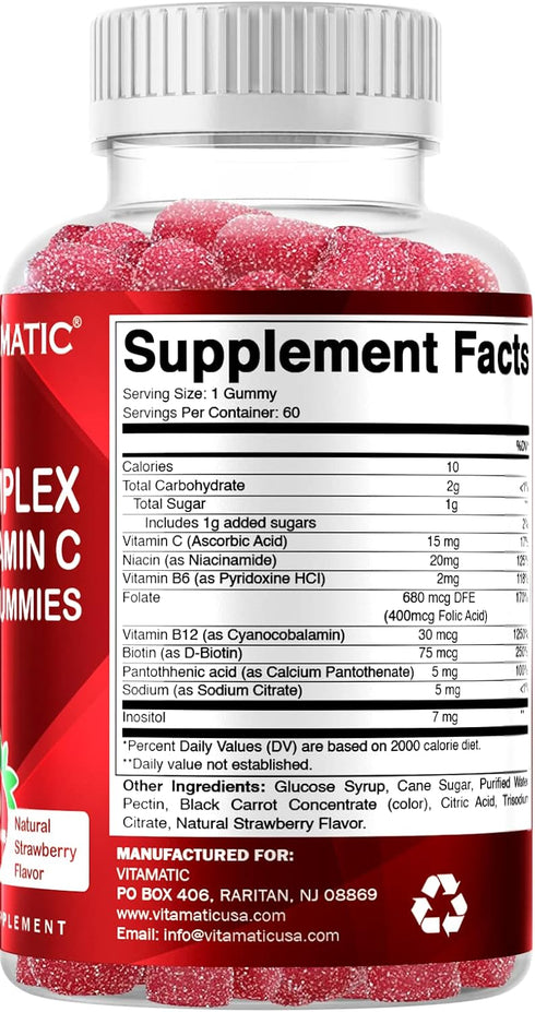 Vitamatic Vitamin B Complex Gummies with Vitamin C & Inositol - Natural Strawberry Flavor - 60 Gummies (2 Bottles)...