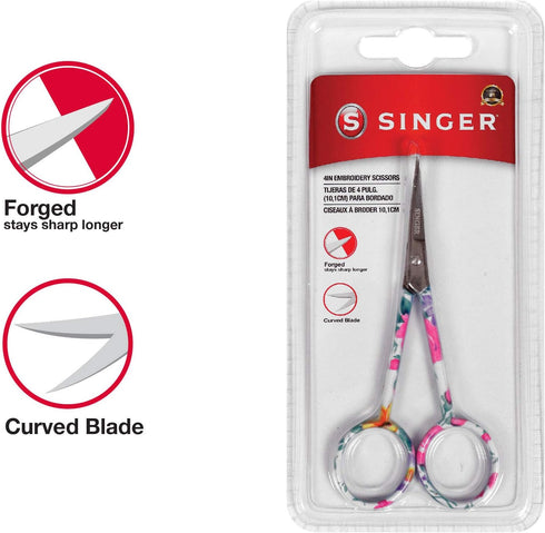 SINGER 4 Inch Forged Embroidery Scissors with Curved Tip for Sewing, Cross-Stiching, Crafts, & More (White Floral Printed, 1-Pack)...
