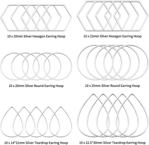 60pcs Hoop Earrings for Jewelry Making,Earring Finding Hoop Hypoallergenic Teardrop Hexagon Round Earring Hoop Open Bezel Pendant Frame for DIY Ea...