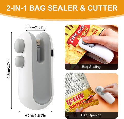 2Pcs Mini Bag Sealer, Rechargeable Heat Sealer, 2 in 1 Chip Bag Sealer & Cutter, Mini Bag Resealer Machine, Portable Handheld Food Sealer for Plas...