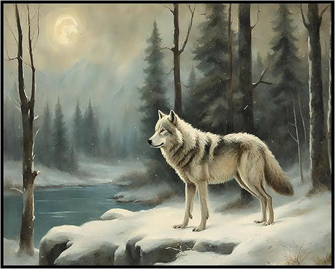 Posterizer 1 pcs-gray wolf in snowy wintery nature-oil painting style 2-Art for Animal Lovers-Landscape & Nature Art-Decor for Home & Office- unfr...