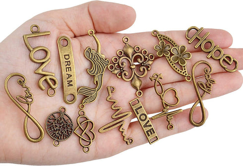 Words Connector Charms, 50 Pieces Mixed Word Letter Connector Pendant Infinity Symbol Link Charms for DIY Necklace Bracelet Jewelry Making - Antiq...