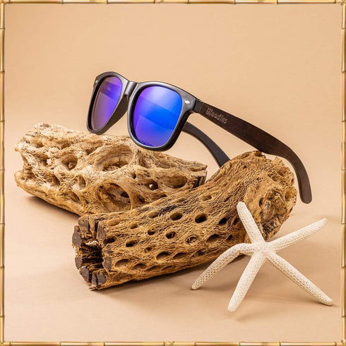 Woodies Zebra Wood Sunglasses with Electric Blue Mirrored Polarized Lens and Real Wooden Frame for Men and Women | 100% UVA/UVB Protection...