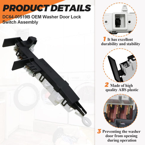 DC64-00519B Washer Door Lock Switch Assembly OEM by Beaquicy - Compatible with Samsung Whirlpool Kenmore Washer - Replaces DC97-16899A PS4210737 2313922 AP4205355 2071402 461970200692 WP8182634