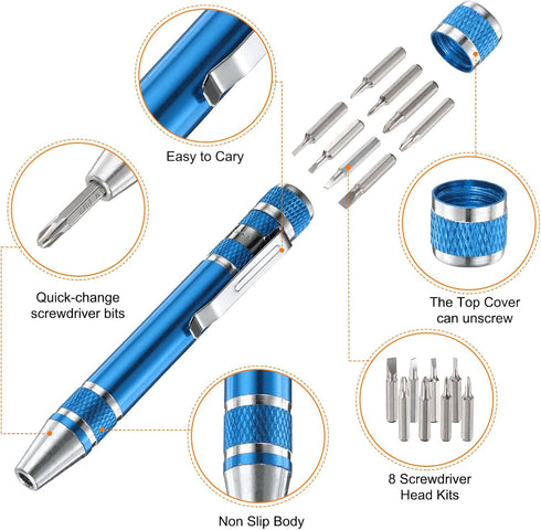 8 in 1 Mini Pocket Pen Screwdriver Set CR-V Multi-Function Small Magnetic Screw Driver with Phillips and Flat Head Bits for Computer Eyeglasses, B...