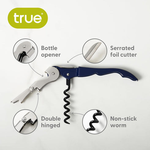 True Brands TrueTap Double Hinged Waiters Corkscrew, Top-notch Stainless Steel Opener with Foil Cutter Built to Last Wine Key Navy Blue, Set of 1...