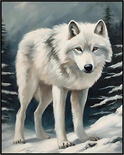 Posterizer 1 pcs-white arctic wolf in snowy nature-oil painting style -2-Art for Animal Lovers-Landscape & Nature Art-Decor for Home & Office- unf...