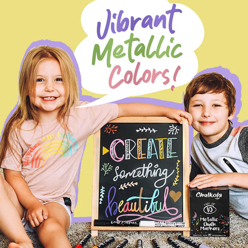 Metallic Chalk Markers (10 Pack) Liquid Chalk Pens - For Blackboards, Chalkboard, Bistro Menu, Window - Wet Wipe Erasable - 6mm Reversible Bullet ...