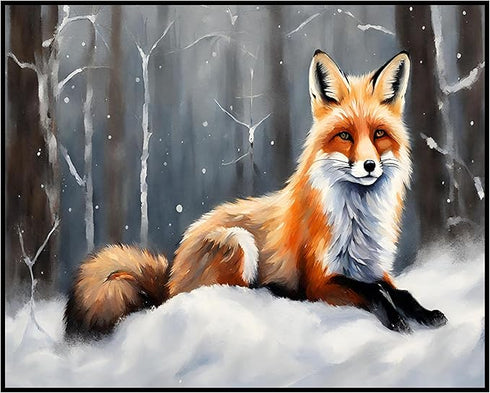 Posterizer 1 pcs-cute red fox in snowy nature in oil painting style-2-Art for Animal Lovers-Landscape & Nature Art-Decor for Home & Office- unfram...
