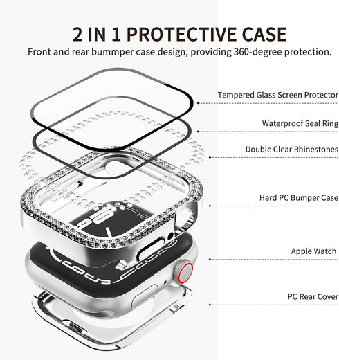 2 in 1 Waterproof Bling Case Compatible for Apple Watch 44mm Screen Protector SE Series 6/5/4, Women Glitter Diamond Rhinestone Bumper Face Cover ...