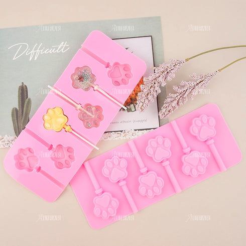 AUEAR, 2 Pack Paw Silicone Lollipops Mold with Sticks 6-Capacity Chocolate Hard Candy Cat Dog Pet Print Ice Cream Making Fondant Cupcake Topper De...