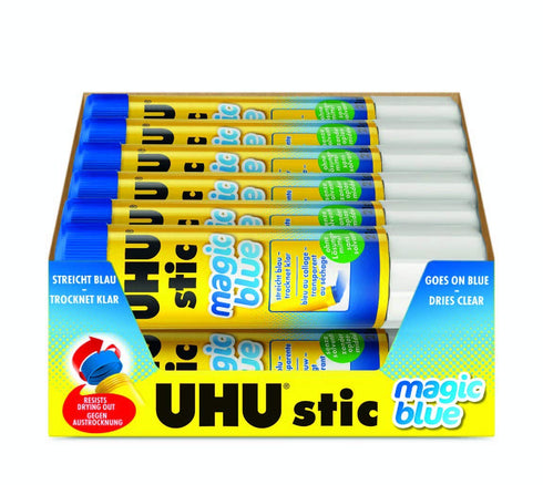 UHU Colored Glue Stick, 0.74oz Blue, rubs on Blue & Dries Clear, Washable, Solvent Free, Screw on Cap, Pack of 24...