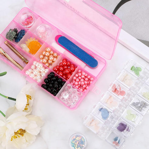 Small Compartment Organizer Case, 4PCS 15-Grid Adjustable Plastic Box with Dividers, Acrylic Fake Nail Charms Bead Rhinestone Jewelry Holder, Craf...