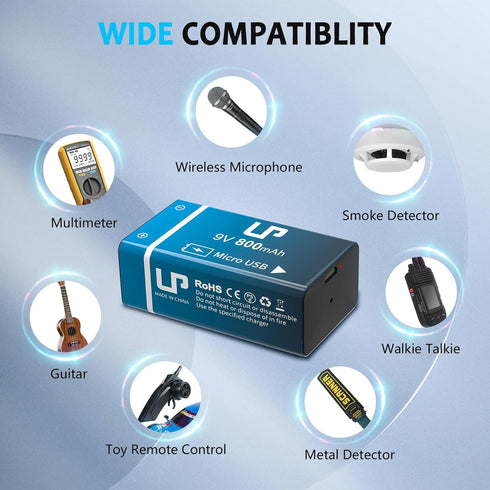 LP 9V Rechargeable Battery Pack, 2-Pack 800mAh Li-ion 9 Volt USB Battery with Micro USB Charging Port for Alarms, Wireless Microphones, Smoke Dete...