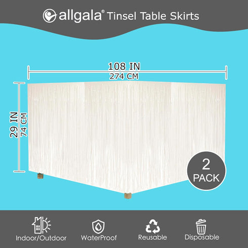 allgala White Tinsel Table Skirt 2-Pack 29x108 Inch Metallic Foil Fringe Table Skirts for Party Event, Parade Float, Party Decoraton...