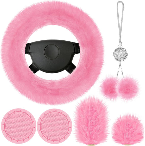 Frienda 6 Pieces Fluffy Car Accessories Set Fluffy Steering Wheel Cover Soft Fuzz Handbrake Cover Gear Shift Cover Bling Car Mirror Fuzz Car Decor...