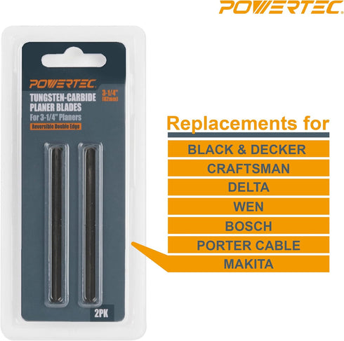 POWERTEC 12841 3-1/4" Tungsten Carbide Hand Held Planer Blades Replacement for Black&Decker, Bosch, DeWalt, Hitachi, Makita, Porter Cable, Ryobi, ...