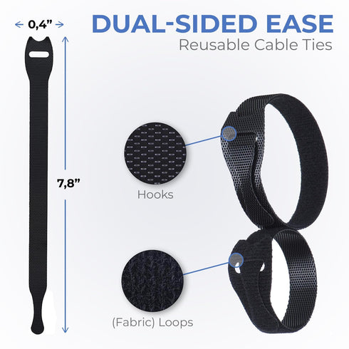 Starument Hook and Loop Cable Ties (8 x 1/2 inch, 100-pack), Premium Industrial Grade and Reusable Fastening Cord Straps for Home, Office and Outd...