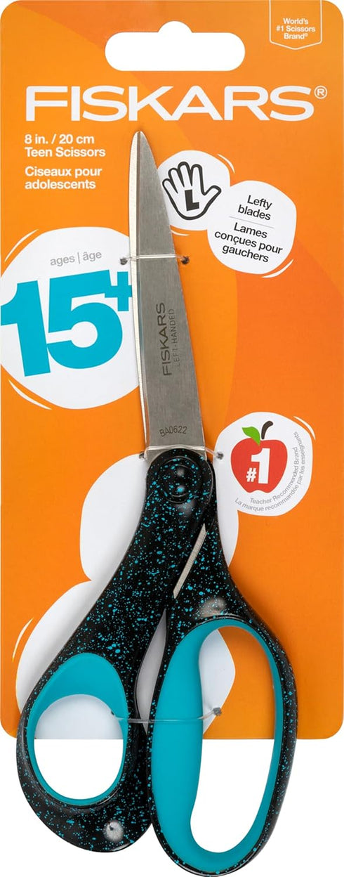 Fiskars 8" Left-Handed Softgrip Teen Scissors for Ages 15+ - Scissors for School or Crafting - Back to School Supplies - Blue Speckled...