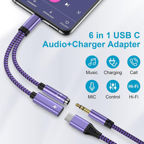 USB C to 3.5mm Headphone and Charger Adapter, 2 in 1 USB C to Aux Audio Jack Adapter Fast Charging Dongle Cable Cord for Samsung Galaxy A55/A35/S2...