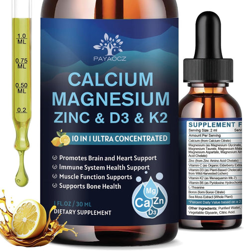 (2 Pack) 10 in 1 Calcium Magnesium Zinc D3 K2 Supplement, Liquid Drops with Vitamin D Vegan Calcium Citrate Magnesium Glycinate, Bone & Immune Sup...