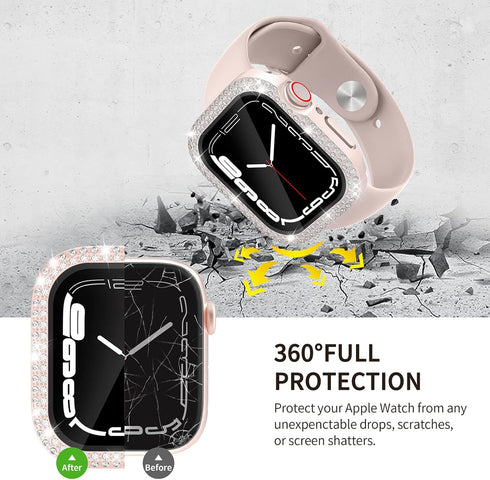 2 in 1 Waterproof Bling Case Compatible for Apple Watch 41mm Screen Protector Series 9/8/7, Women Glitter Diamond Rhinestone Bumper Face Cover for...