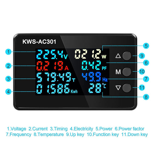 AC Voltmeter Ammeter AC 50-300V 0-100A Digital AC Multimeter 110V 220V LCD HD Display Current Voltmeter with Closed Current Transformer 8 In 1 Mul...