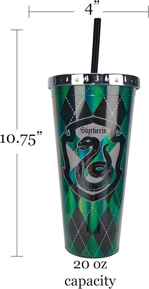 Spoontiques Harry Potter Acrylic Foil Cup with Straw, 20oz - Metallic Locking, Double Wall Insulated, BPA Free - Slytherin...