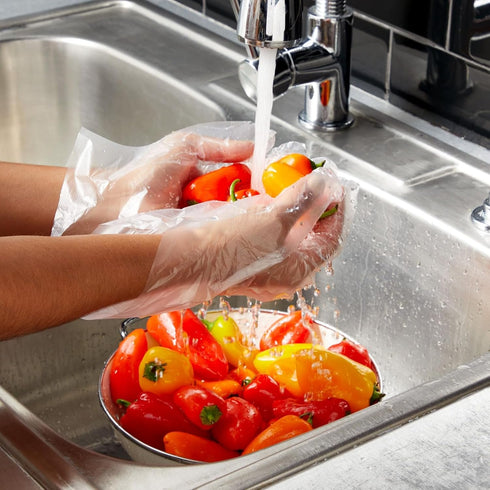 Juvale 100-Pack Disposable Food Safe Gloves for Cooking, Kitchen Prep and Baking (One Size Fits Most, Clear)...