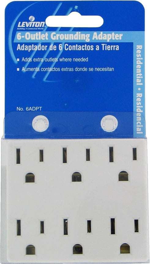 Leviton 6ADPT-W 15 Amp, 125 Volt, 6 Outlet Grounded Adapter, White......