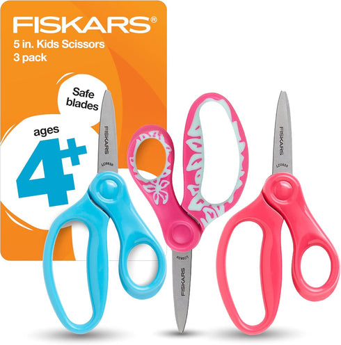 Fiskars 5" Pointed-Tip Scissors for Kids 4-7, For School or Crafting, 3 Pack: Blue, Floral, Pink...