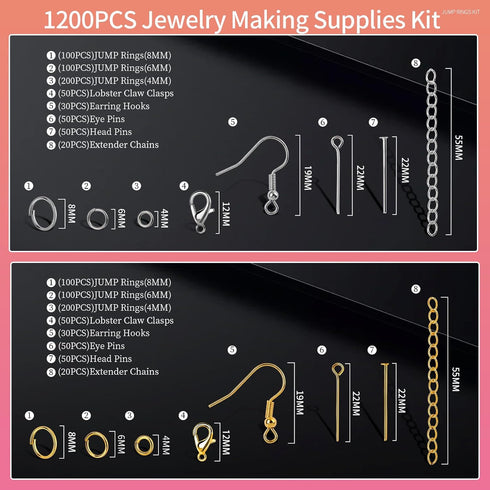 LEOBRO 1200PCS Jewelry Making Supplies, Jump Rings for Jewelry Making, Earring Hooks Earring Findings for Jewelry Making, Silver Gold Jump Rings, ...