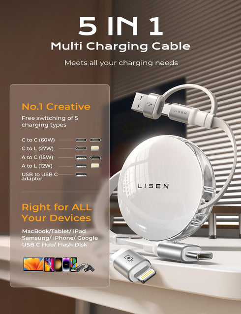 LISEN 5-in-1 Fast Charging Retractable Cable for iPhone, iPad, Samsung - 60W Charger with USB-C/A Ports for Phones, Tablets......