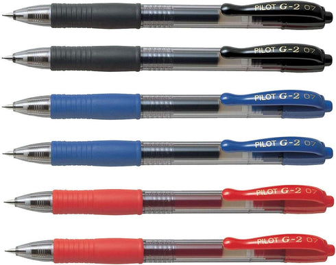 Pilot G2 pens retractable Gel Roller ballpoint 07 Fine point Black, Blue & Red Bundle (6)...
