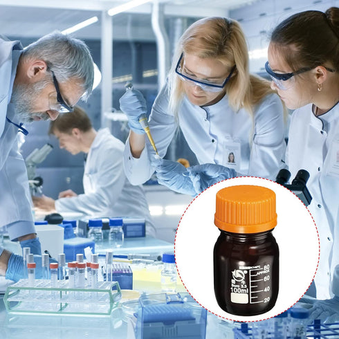 PATIKIL 100mL Reagent Media Bottle, 1Pcs Round 3.3 Borosilicate Glass Graduated Storage Bottle with Yellow Screw Cap for Chemistry Lab Universitie...