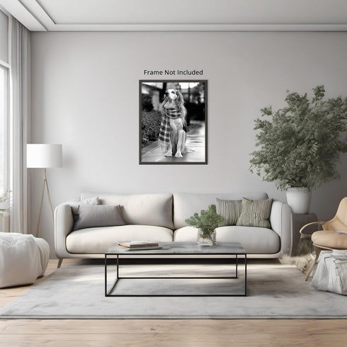 Posterizer 1 pcs-black and white photo of a long haired dog with a scarf-Art for Animal Lovers-Gift for Men Women Teens-Decor for Home & Office- u...