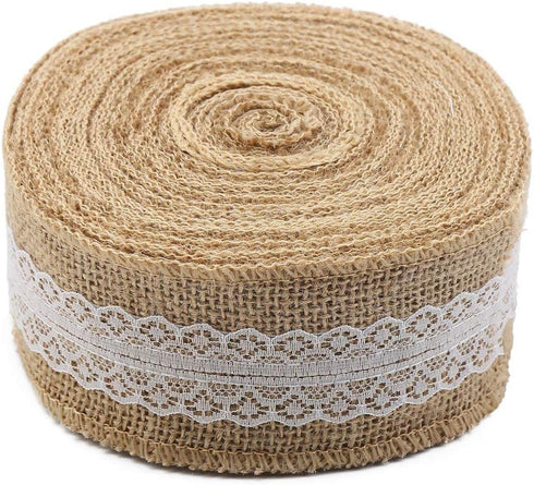 CCINEE 5.4 Yards Natural Jute Burlap Ribbon Roll with White Lace Trims Tape for DIY Crafts Wedding Decoration...