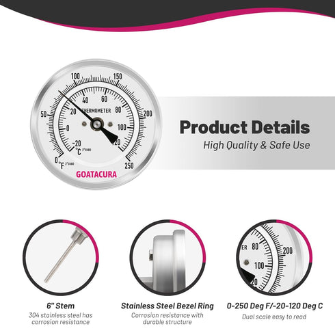 Bimetal Thermometer, Full Stainless Steel, 3" Dial Size, 6" Stem, 1/2" NPT Back Mount, 0-250 Deg F/-20-120 Deg C, 1% Accuracy...